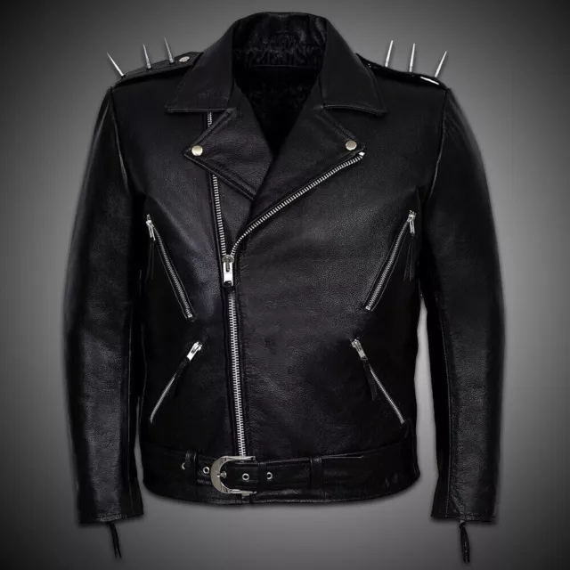 Mens Genuine Leather Cafe Racer Spikes Black Hide Biker Classic Style Jacket