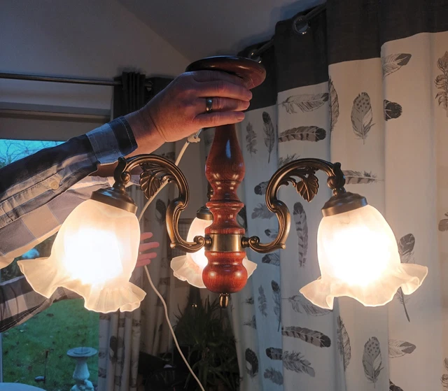 Wood And Antique Brass Effect 3 Arm Flush Ceiling Light With Frosted Glass...