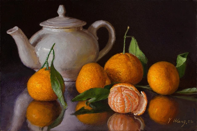 Original oil a painting still life realism mandarin oranges teapot 12x8", Y Wang