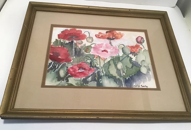 Vintage Original Signed Watercolor Painting Poppies Framed 15”/12”