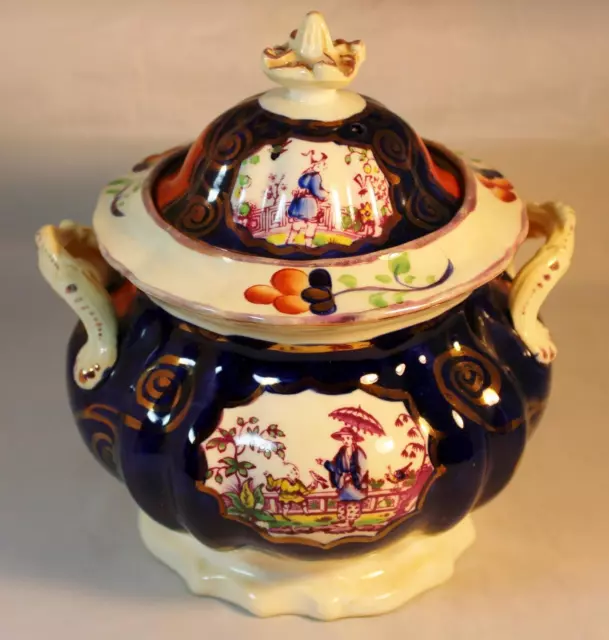 ANTIQUE STAFFORDSHIRE GAUDY WELSH SUCRIER/SUGAR BOWL CHINOISERIE PATTERN c1860