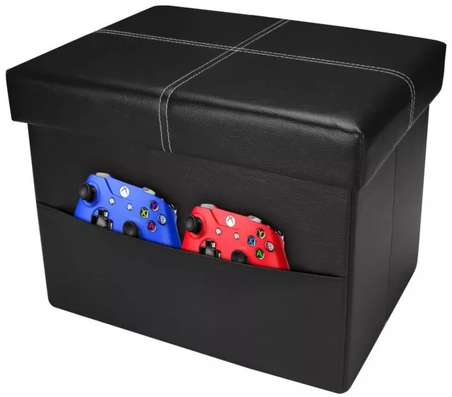 Folding Storage Ottoman Black Leather Side Pocket 16X12X12in Living Room Dorm