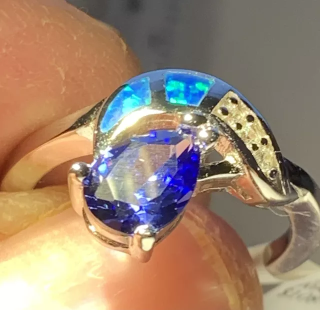 Tanzanite & Blue Fire Opal Inlay Solid 925 Sterling Silver Ring size 7 3