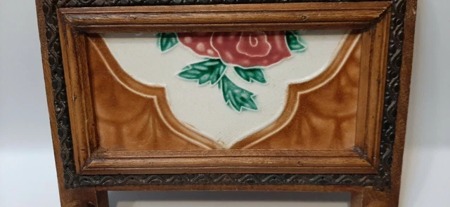 Victorian tile wood dog leash coat hat hooks holder rose flower antique 8