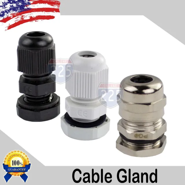 PG7 - PG29 Black/White/Brass Tight Cord Grip Cable Gland w/Lock-Nut & Gasket LOT