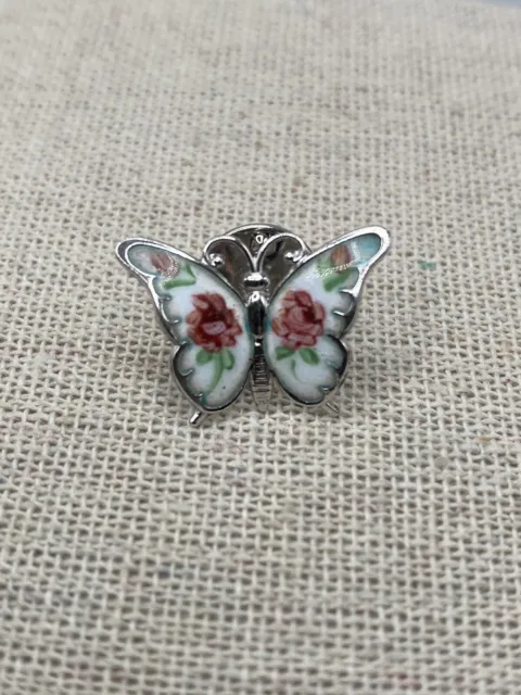 Vintage BEAU STERLING Silver Enamel Rose Butterfly Lapel Pin Sweet!