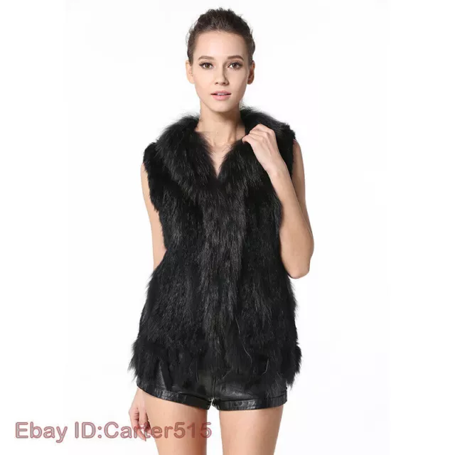 Womens Real Fur Vests Casual Knit Rabbit Fur Gilets Ladies Raccoon Fur Waistcoat