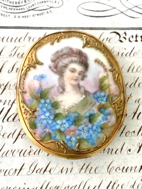 Antique Victorian Lady Gold Gilt Portrait Brooch Cameo Hand Painted Porcelain