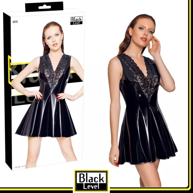 Sexy Mini abito vinile nero e pizzo Vinyl Dress Black Level Abbigliamento Fetish