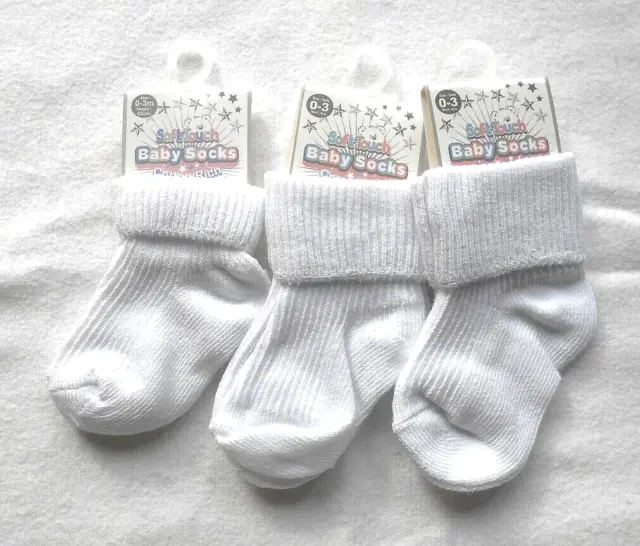 Baby White Socks, pack of 3 pairs, Cotton/Polyester Mix, 0-3 months.