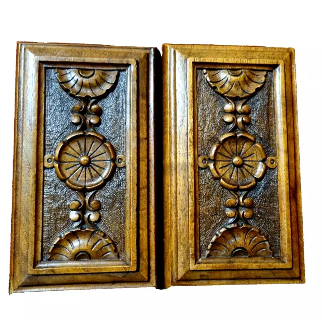 2 Rosette flower wood carving panel 8.86 in Antique French architectural salvage