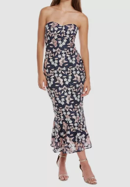 $550 Shoshanna Women's Blue Floral Asher Strapless Lace Midi Sheath Dress Size 6
