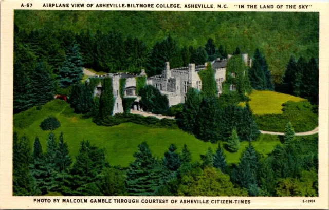 Linen Postcard Aerial View Asheville-Biltmore College North Carolina NC UNP