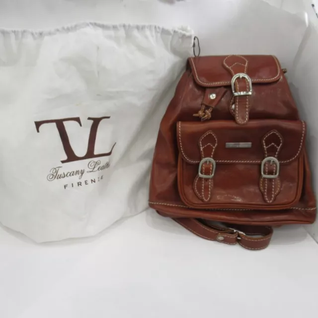 Tuscany Leather Backpack Mid Size Rucksack Buckle Tan Leather Brown Dust Bag