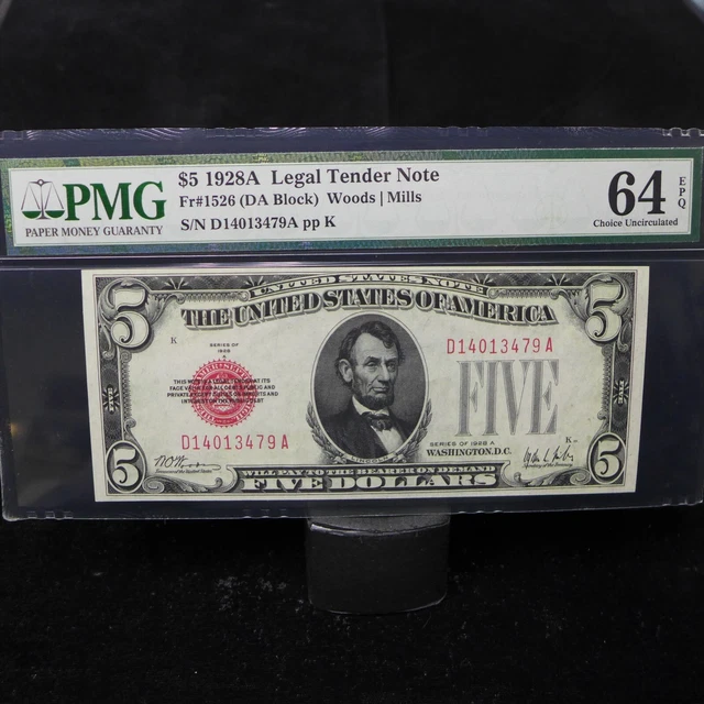 1928A $5 Legal Tender FR-1526 Red Seal - Graded PMG 64 EPQ - Choice Uncirculated