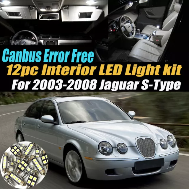 12Pc Error Free Car Interior LED White Light Bulb Kit for 2003-08 Jaguar S-Type