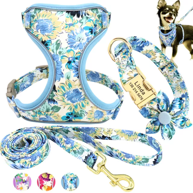 Floral Flower Dog Harness and Lead & Personalised Dog Collar Custom ID Collars