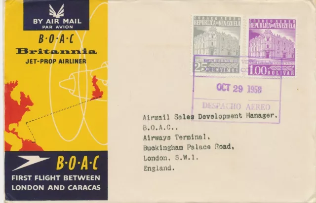 VENEZUELA 1958 main post office Caracas 25C and 1B First Flight CARACAS - LONDON