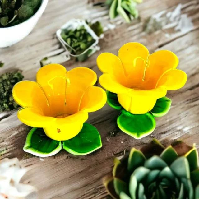 Yellow Tulip Art Glass Candle Holder Set Hand Blown Flower Green Leaf Votive