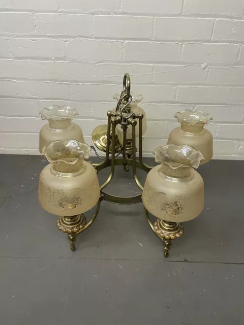 Massiv verziert schwere Messing Deckenleuchte Anhänger/Kronleuchter 5 Arm Glasschirme