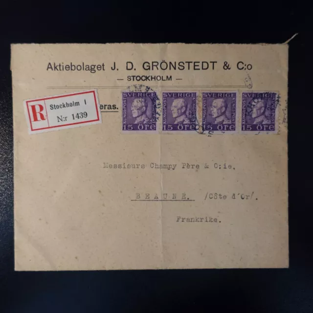 Schweden Sweden BRIEF Empfehlen Cover CAD Stockholm 1925-> Beaune Frankreich