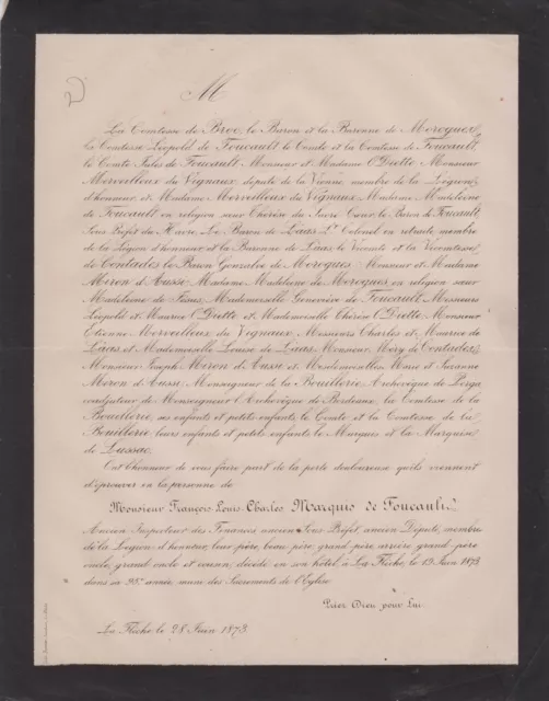 1873 FAIRE-PART DÉCÈS François-Louis-Charles de FOUCAULT - La Flèche (Sarthe).