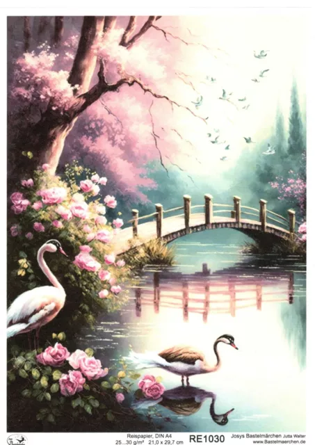 Papel de arroz A4 seda de paja decoupage rosas cisnes cisne patos lago puente RE1030