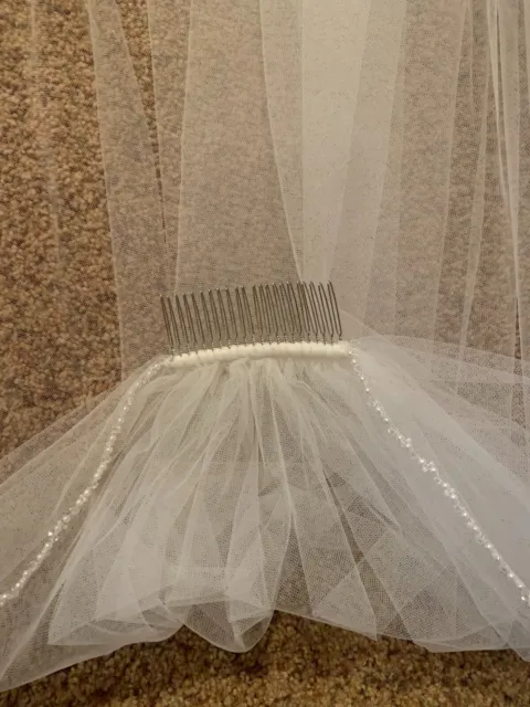 White Net Elbow Length Bridal Wedding Veil with Pearl/Rhinestones, Never Used  