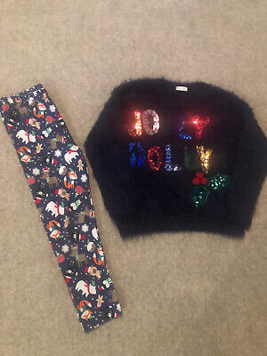 Next Girls Chistmas Jumper and Leggings Outfit set Navy Sequins 🎄Age 5-6