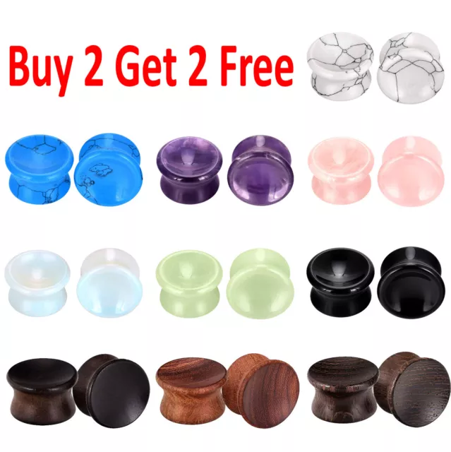 PAIR-Ear Gauges-Mix Wood Stone Ear Plugs Tunnels 2G,0G,00G,12,14,16,1,20MM USA