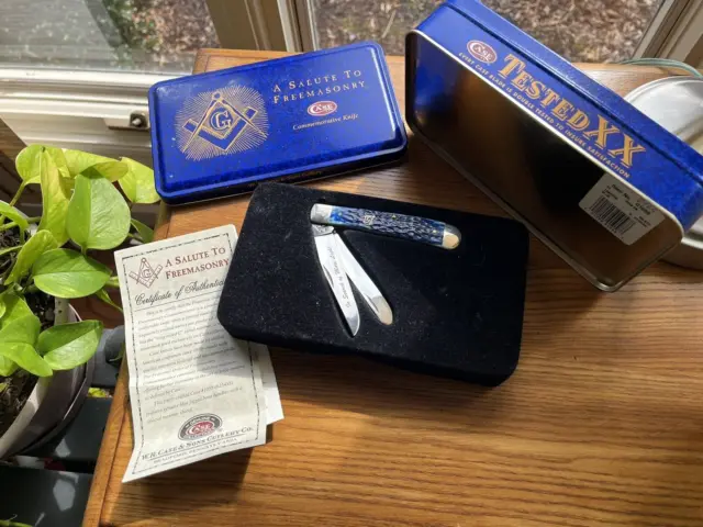 Case XX Masonic Trapper Blue  Bone Handle Stainless Folding Knife 1058