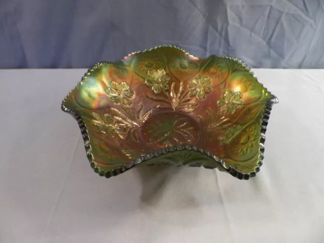 Millersburg Green Carnival Glass Primrose Pattern Bowl 9 3/4" Wide