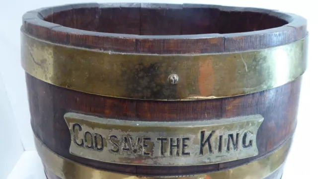 Antique English Oak Coopers Barrel Brass Bound - God Save The King - Plaque 2