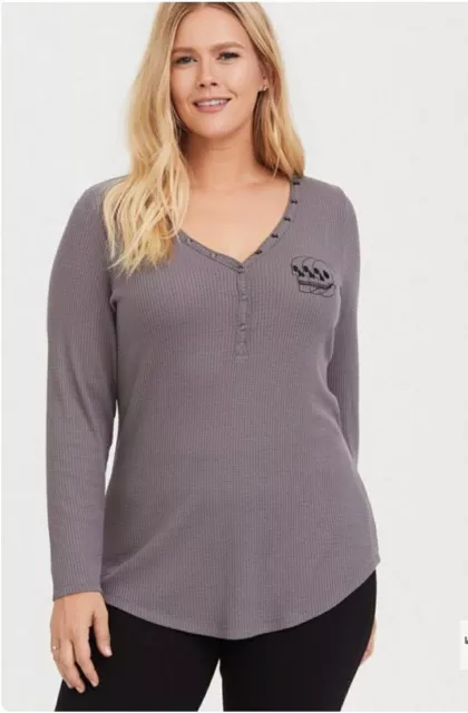 Torrid Grey Skull Waffle Knit Snap Henley Long Sleeve Tee 6X