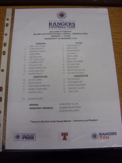 26/12/2012 Colour Teamsheet: Rangers v Clyde  (Light Fold). Thanks for viewing o