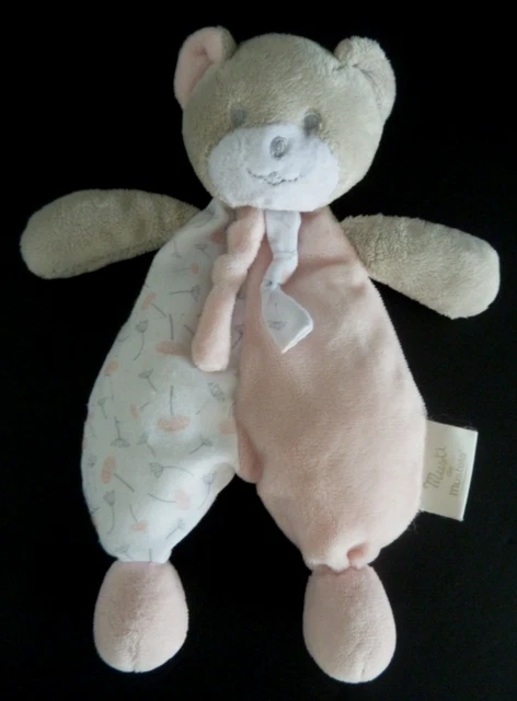 *. DOUDOU PELUCHE MUSTI de MUSTELA OURS rose gris blanc pissenlit noeud 21cm TBE