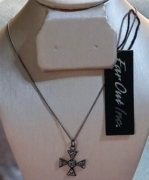 Maltese Cross Necklace 925 Sterling Silver Gun Metal Clear 16" Danty #1