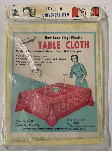 Vintage 1956 Mid Century MCM Laced Vinyl Table Cloth 54” X 54” New Sealed Yellow