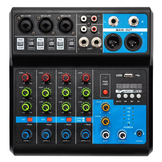 Pro Mixer Audio 5-Kanal Sound-Mischpult USB Bluetooth DJ Live Studio Konsole DHL 3