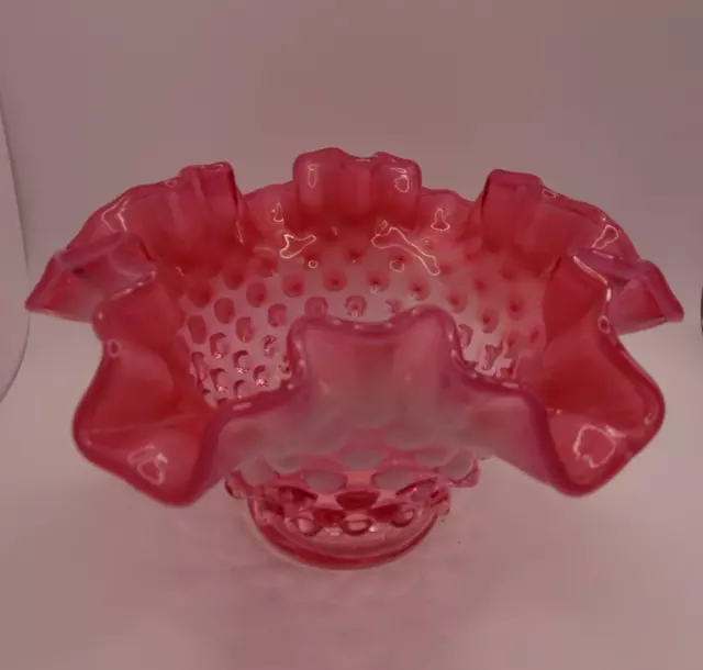 Vintage Fenton Art Glass Cranberry Opalescent Hobnail Bowl Ruffled Crimped