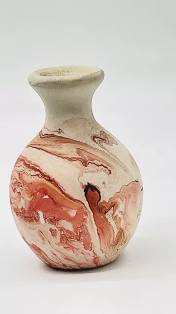 Indian Art Pottery 4” Nemadji Vase  Native Usa  Orange/Cream/Red Swirls