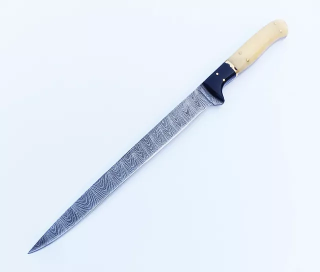 Handmade Damascus Steel Large Fillet Knife Hunting Fishing, Full Tang Ca