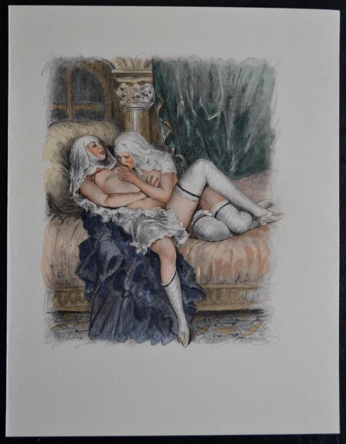 Lithographie Erotique Vers 1950 Femme Nue Erotisme Curiosa Nonnes Moines Orgie