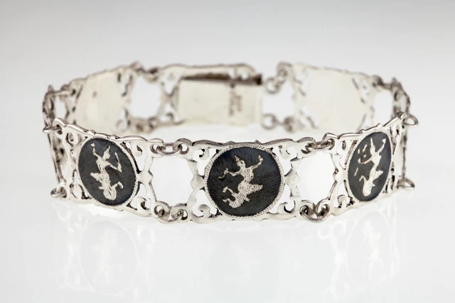Vintage Thai Silver Siam Niello Black Enamel Panel Bracelet 7.25"