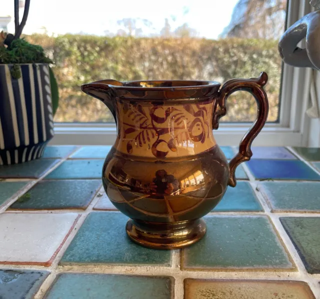 Antique English Creamer Pottery Jug Pitcher Copper Lusterware Vintage Vase Small