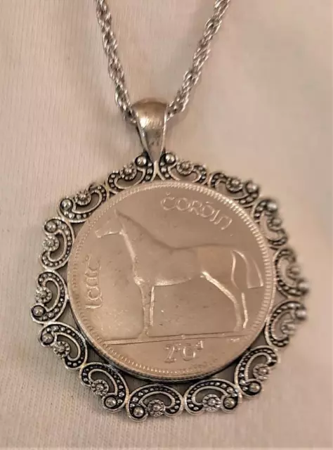 Paisley Swirl Rim Raised Vintage Irish Coin with Horse Silvertn Pendant Necklace