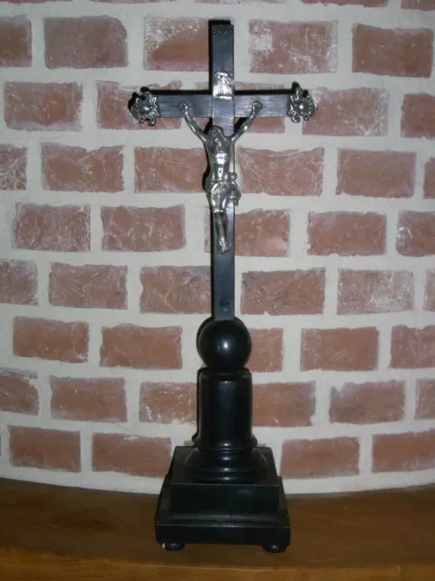 09B12 Antiguo Cristo Crucifijo D' Altar Ébano Plata Maciza XIX E Napoleón III