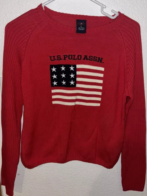 Polo Ralph Lauren American Cardigan Sweater Jacket USA Flag Knit Kids Sz L Red