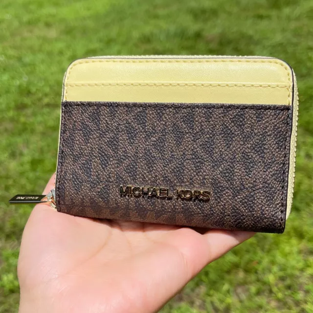 Michael Kors Jet Set Medium Zip Card Case Wallet Brown MK Buttercup Yellow