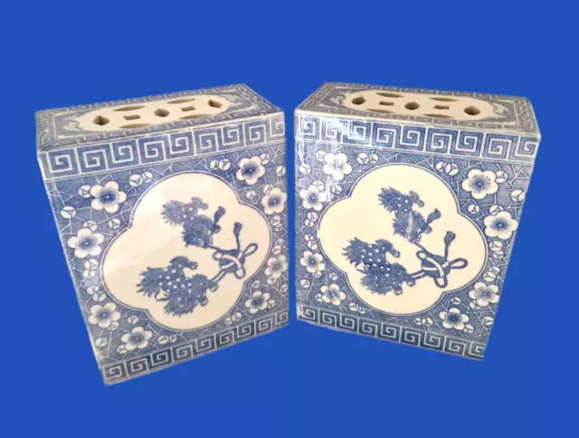 Pair of Chinese Blue & White Ceramic Porcelain Opium Pillow  ~ Dogs of Foo Decor
